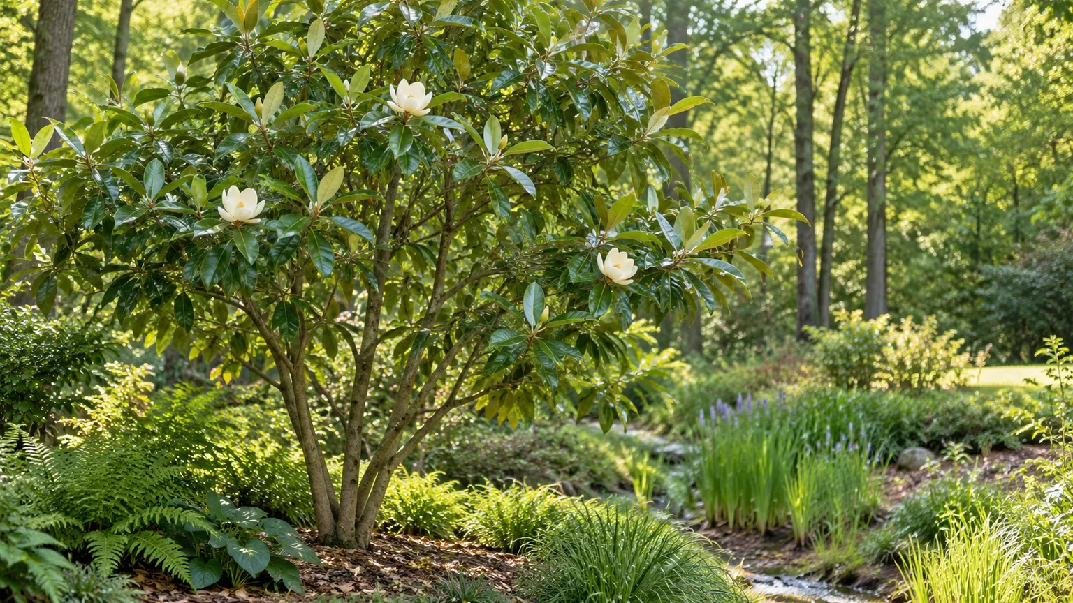 A sweetbay magnolia shows its flowers among leaves after the bare-branch spring display