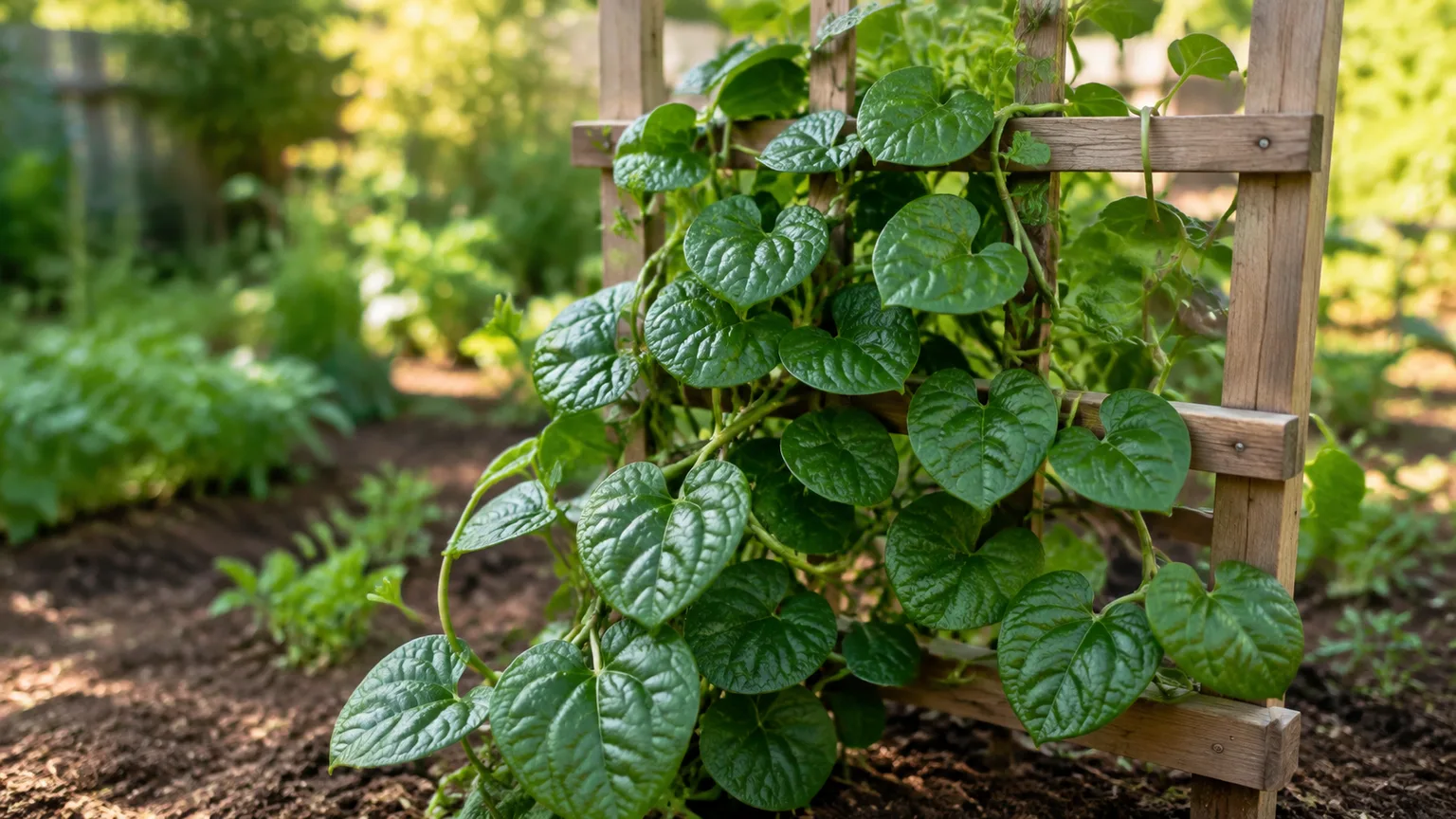 Healthy Malabar spinach vine climbing a garden trellis