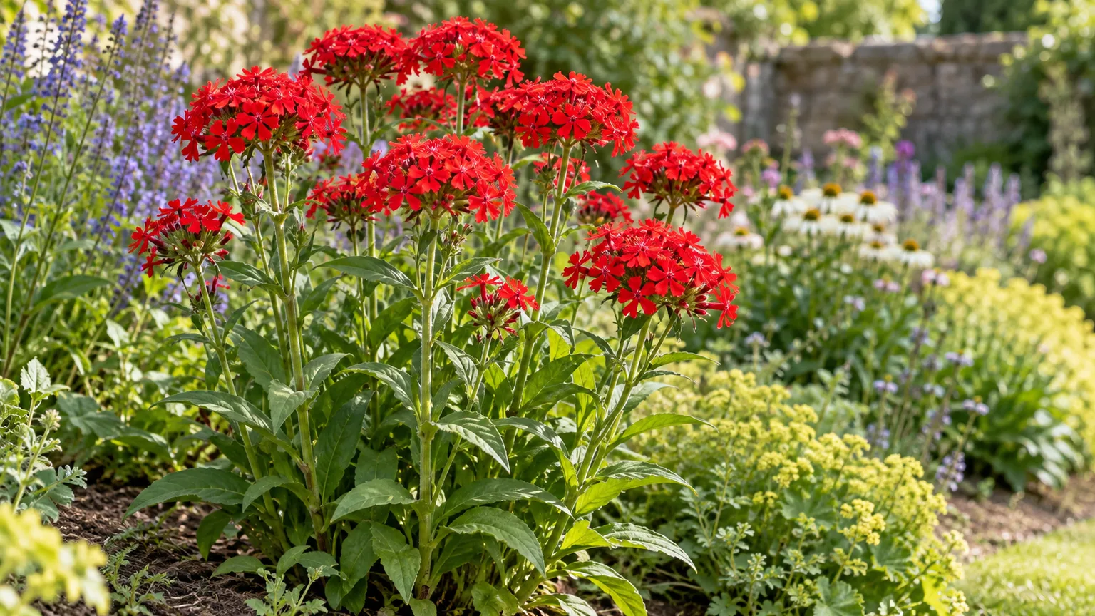 Healthy Flower of Bristol with scarlet cross-shaped flower clusters in a sunny perennial border
