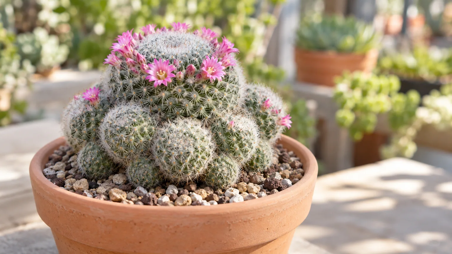 Healthy Mammillaria hahniana-like pincushion cactus with white spines and small pink flowers in a terracotta pot