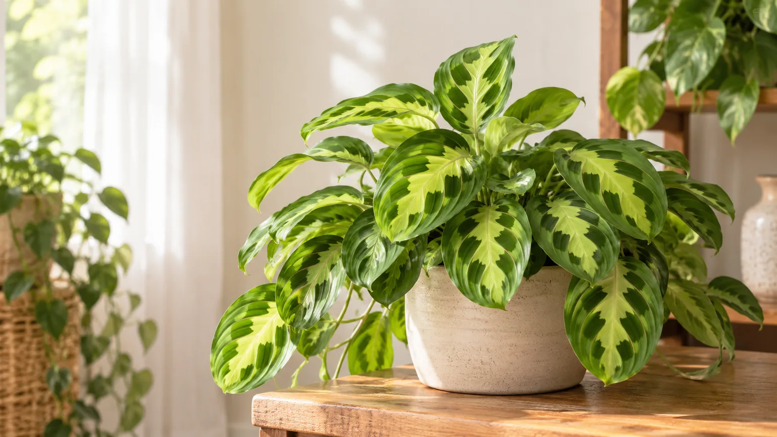 Healthy Lemon Lime Maranta with chartreuse and green leaves in bright indirect light