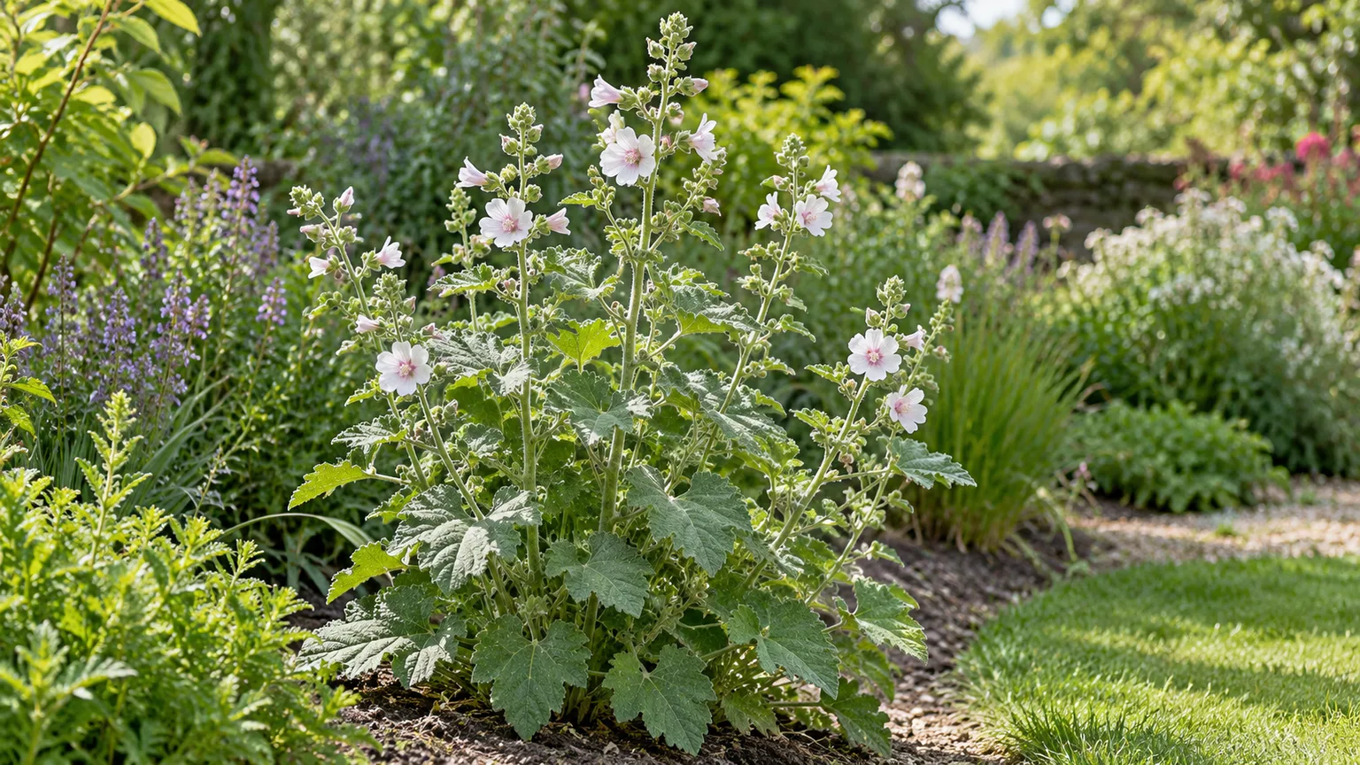 Healthy marsh mallow with softly hairy gray-green leaves and pale pink flowers in a sunny garden border.