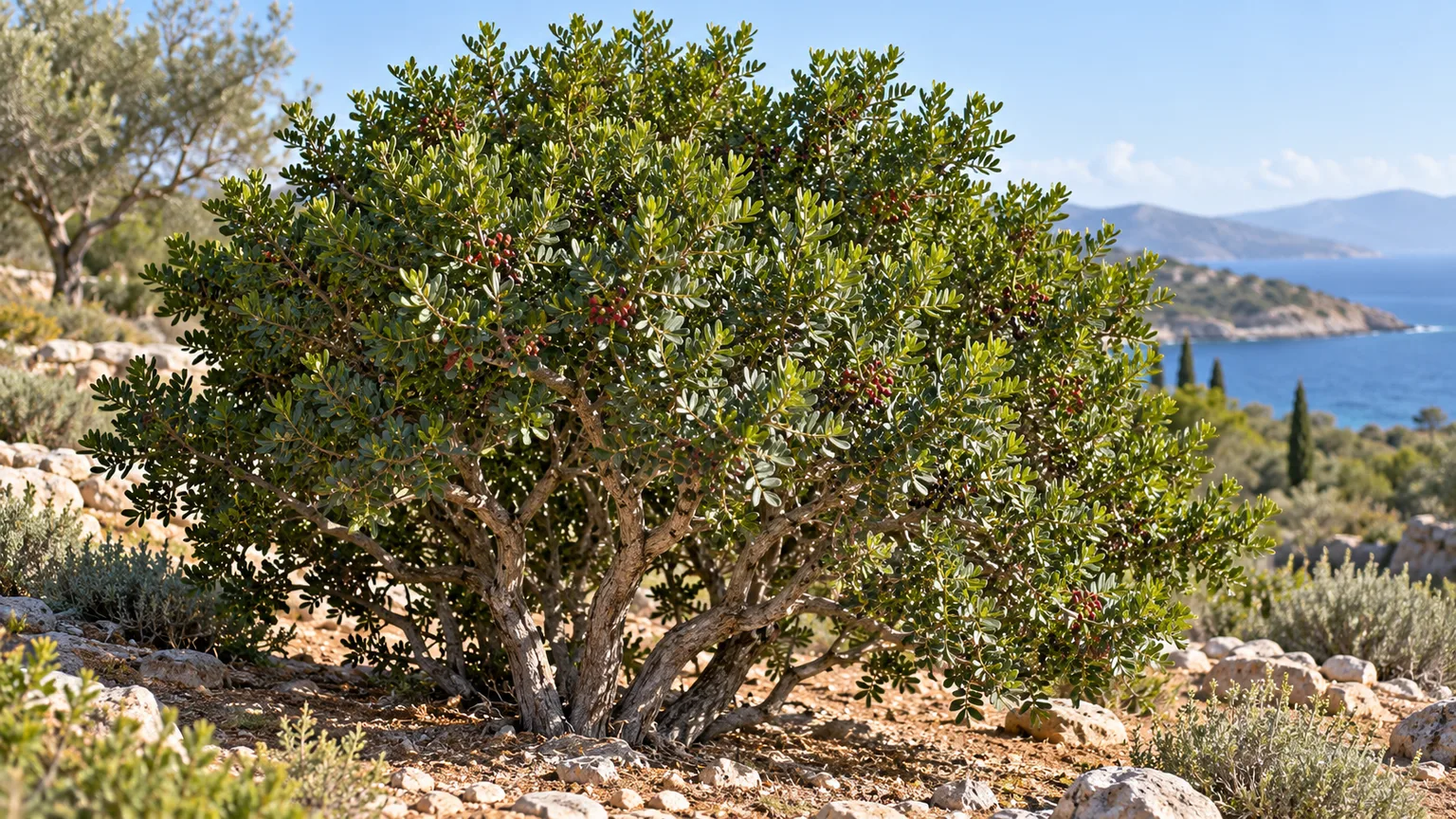 Healthy mastic tree with small compound leaves and a broad evergreen canopy in a sunny Mediterranean-style garden