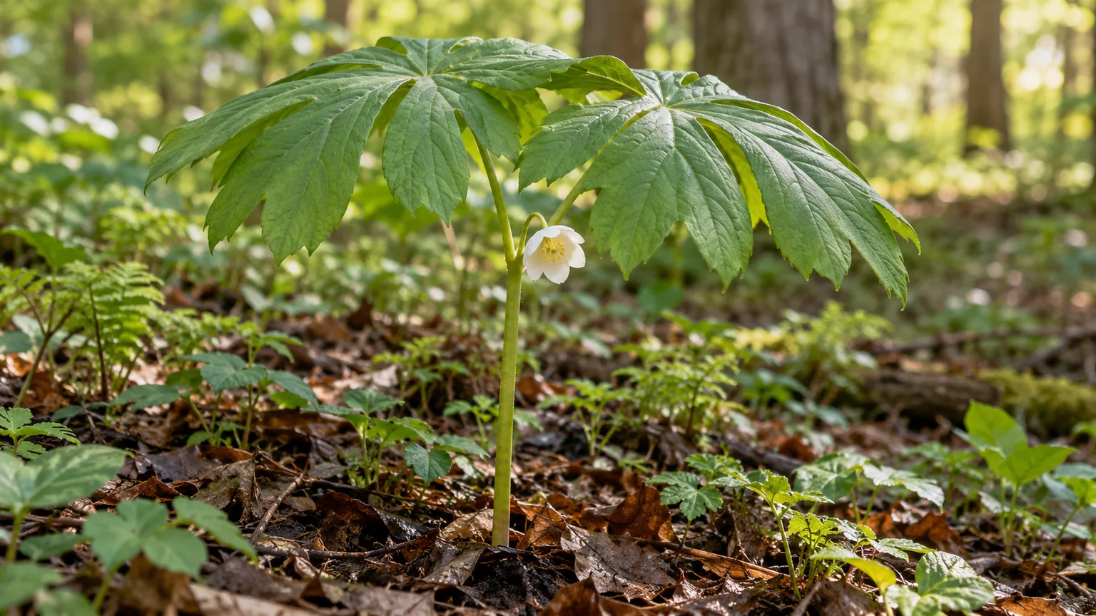 Healthy mayapple with umbrella-like leaves and a white spring flower in a woodland garden