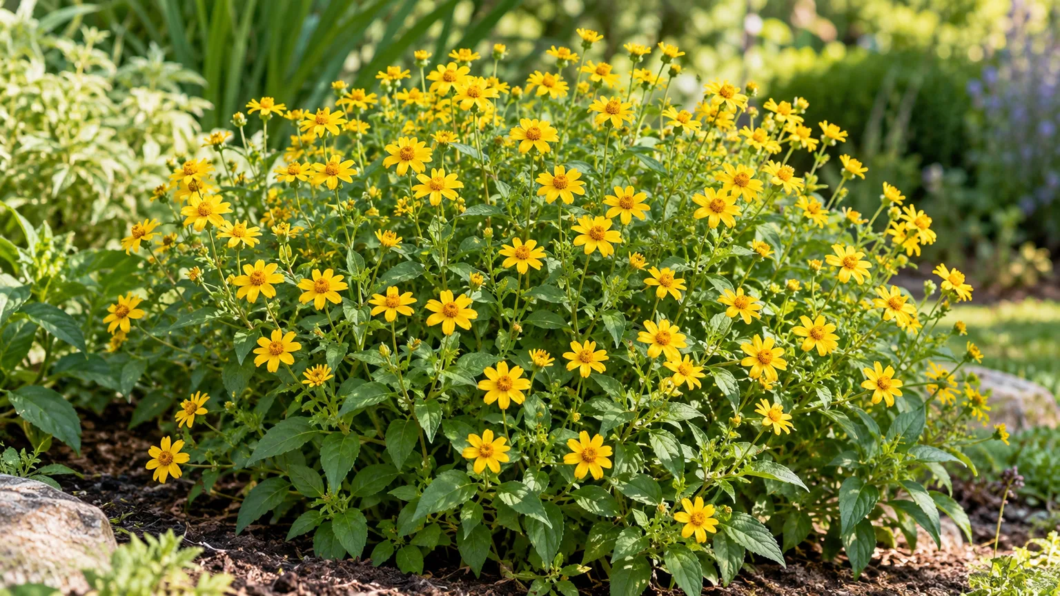 Healthy yellow butter daisy (Melampodium divaricatum) growing in a sunny garden border