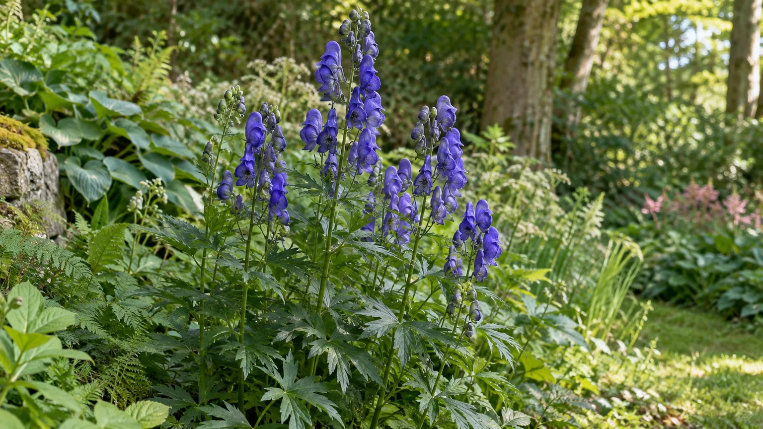 Healthy monkshood with blue-violet hooded flowers in a shaded garden border