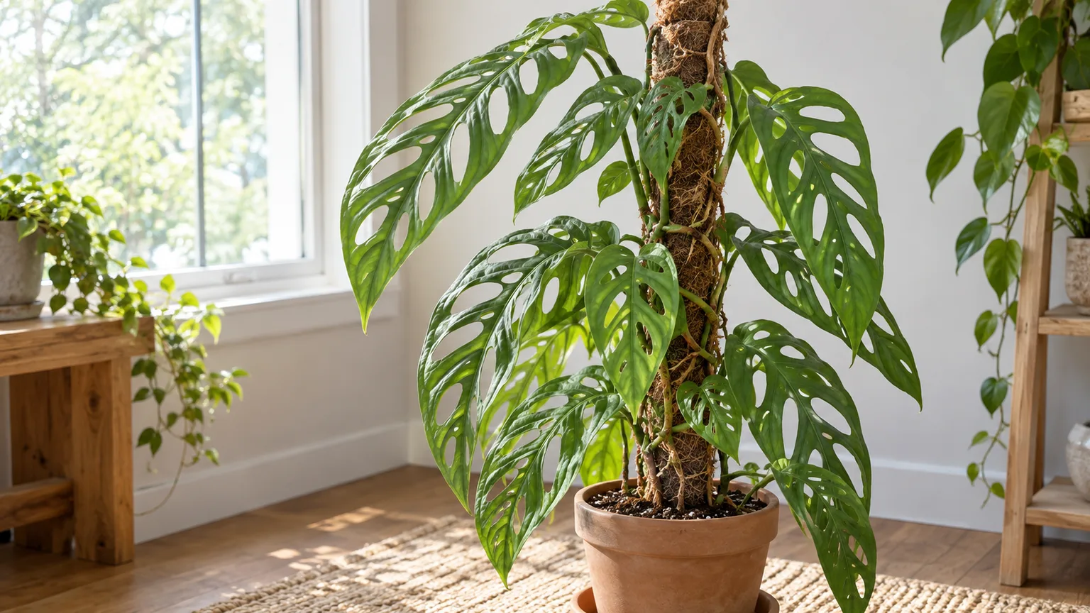 Monstera esqueleto with fenestrated leaves climbing a moss pole indoors