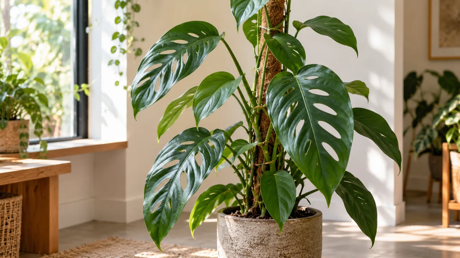 Healthy Monstera lechleriana with deep green, oval-fenestrated leaves climbing a moss pole.