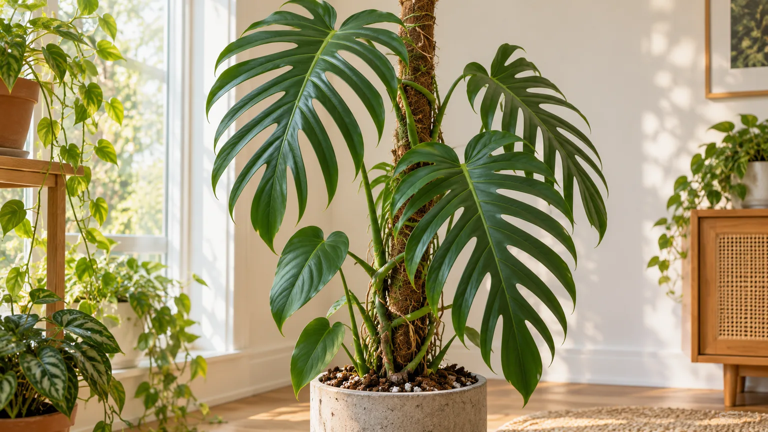 Healthy Monstera pinnatipartita climbing a pole with deeply divided mature leaves