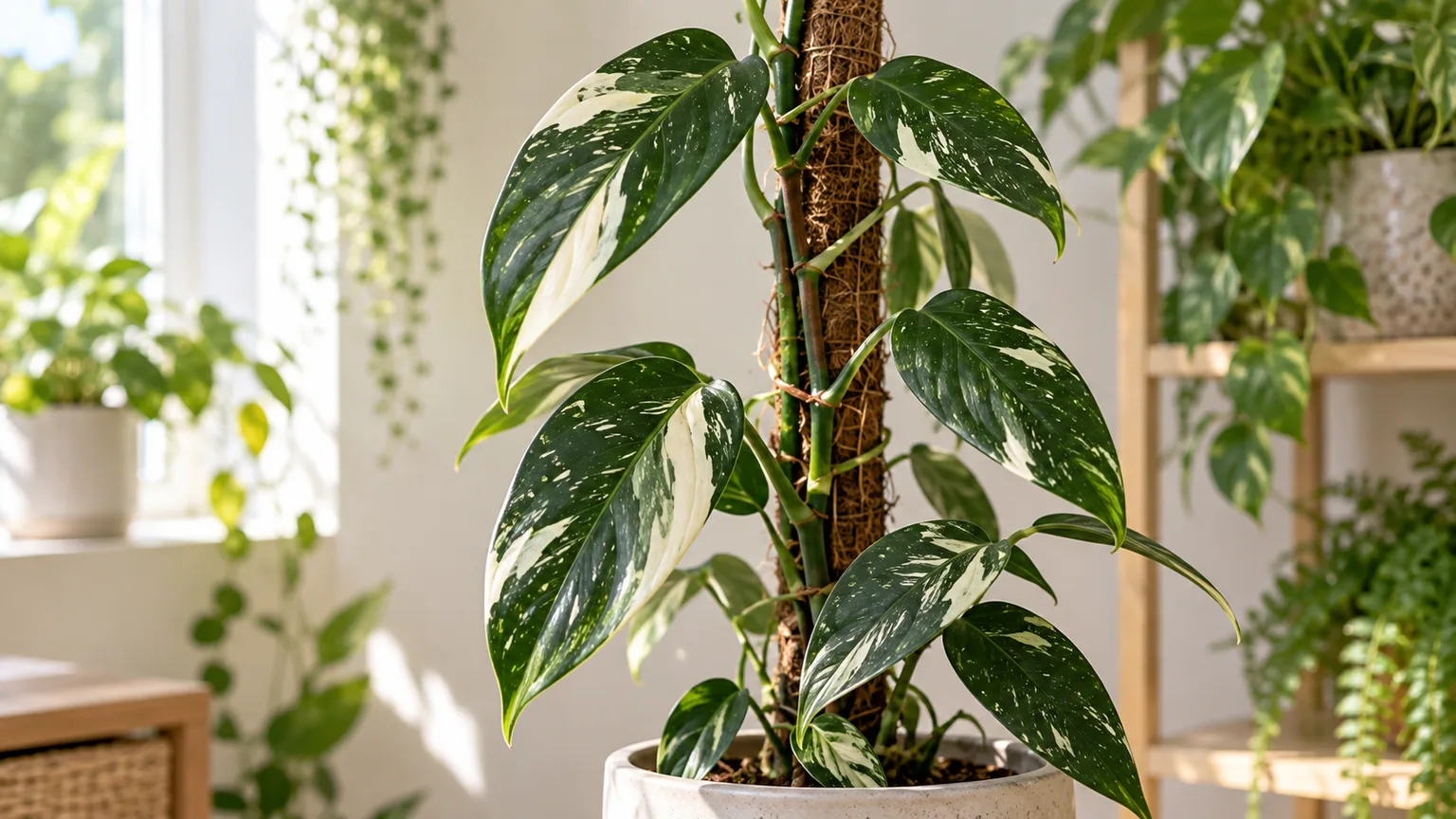 Healthy Monstera Standleyana Albo with cream-and-white variegated leaves climbing a support