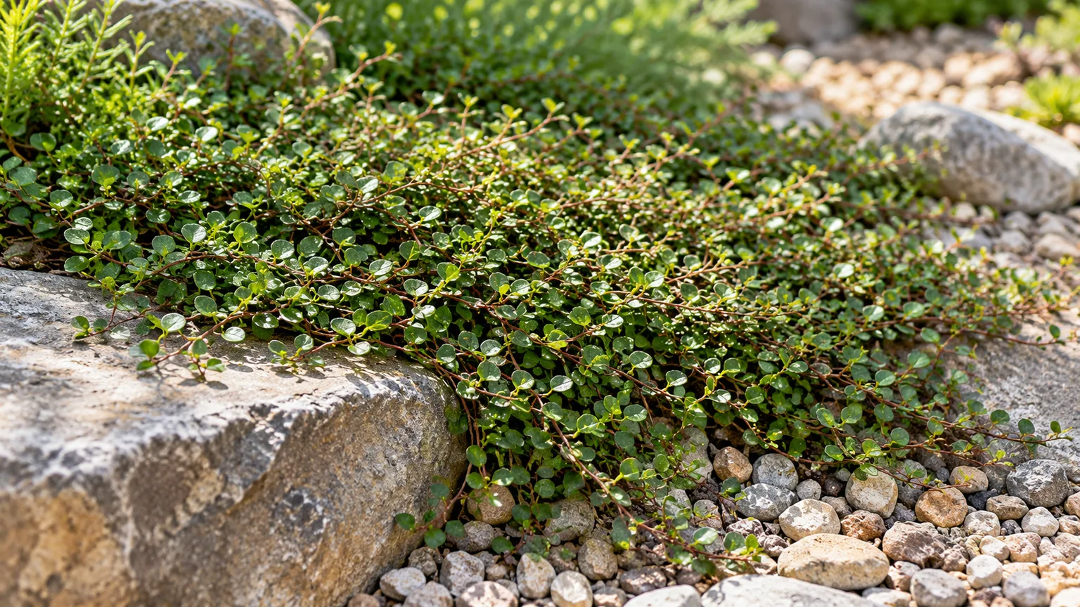 Creeping wire vine with tiny rounded leaves and reddish stems spreading over a rock-garden edge