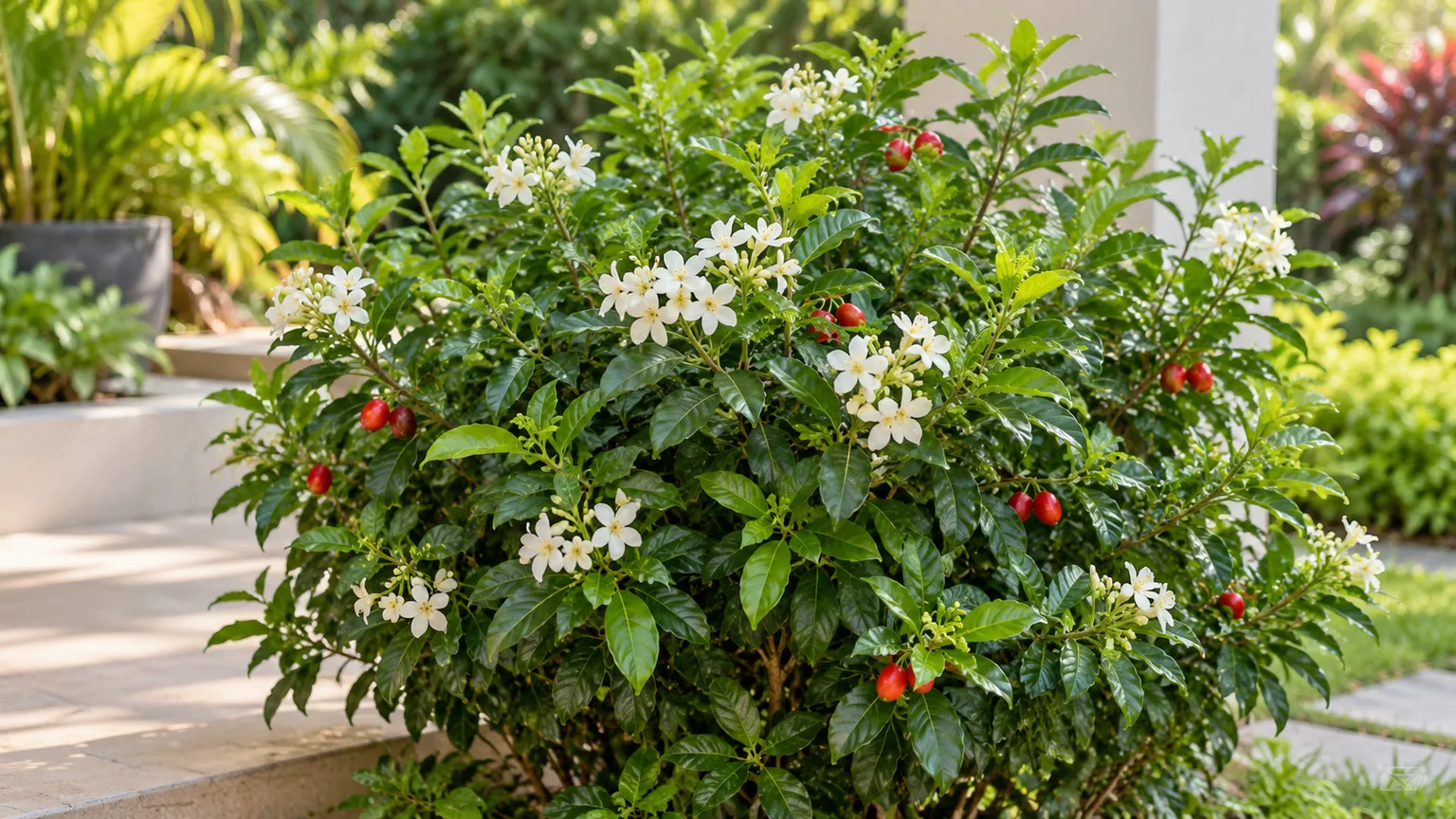 Orange jasmine shrub with glossy foliage, fragrant white blossoms, and red berries