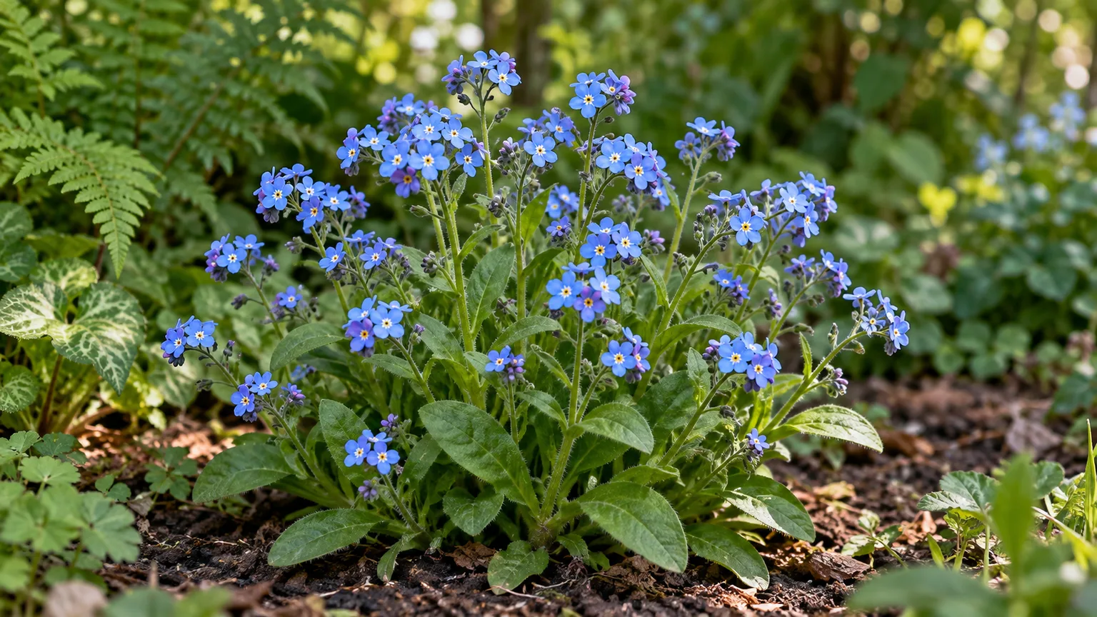 Small blue Myosotis sylvatica flowers in a moist spring bed