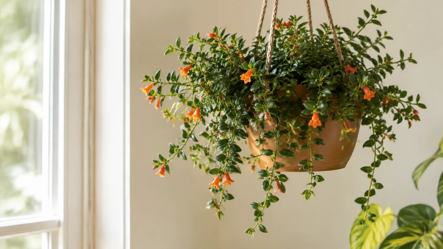 Healthy goldfish plant (Nematanthus gregarius) with glossy foliage and orange fish-shaped flowers in bright filtered light