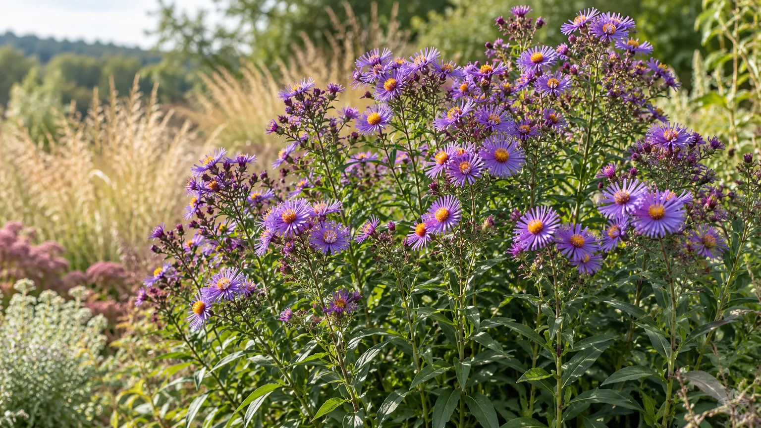 Healthy New England aster with purple flower heads and yellow centers in a late-summer garden