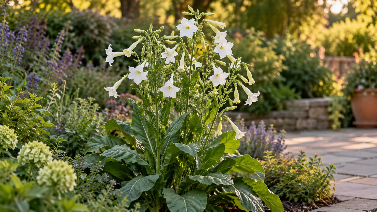 Flowering tobacco with white star-tipped flowers and broad green leaves in a garden bed