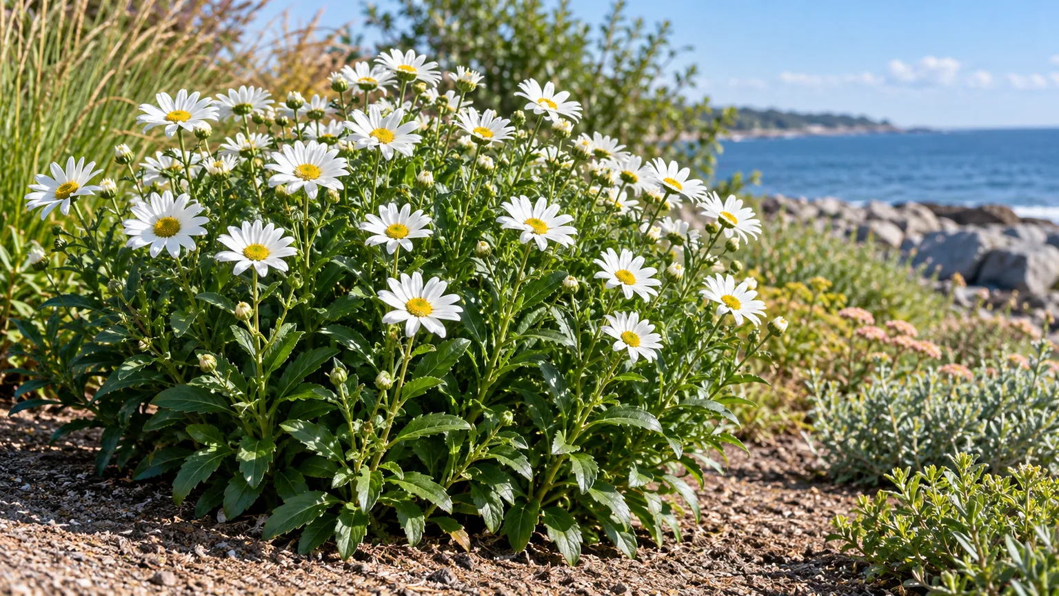 Healthy Nippon daisy clump with glossy leaves and white fall flowers in a sunny coastal garden