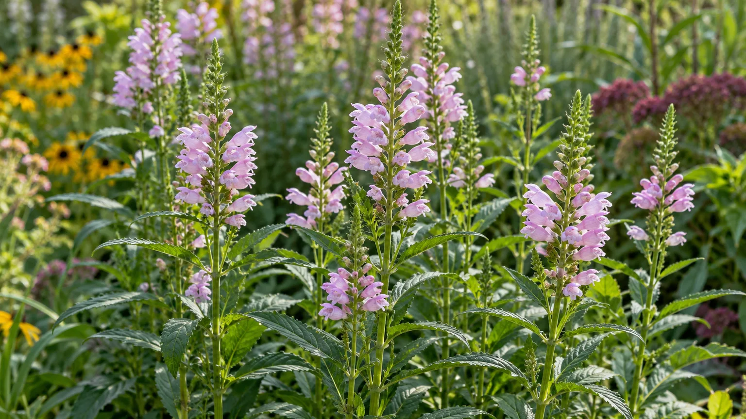 Upright obedient plant flower spikes with pale pink-lavender blooms in a late-summer garden