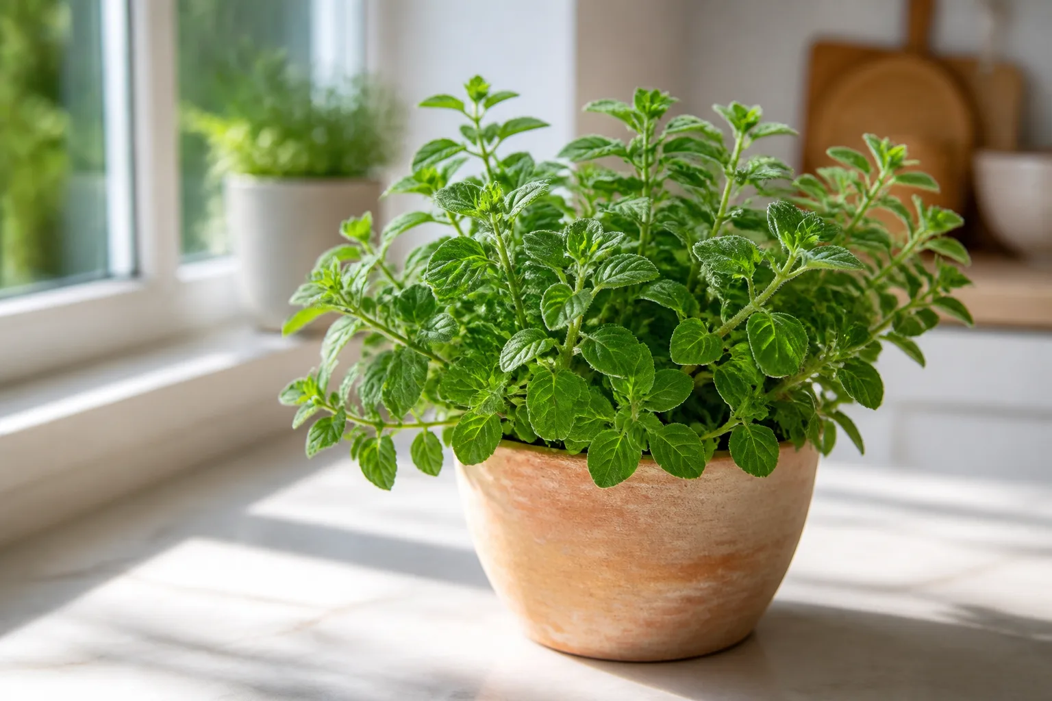 Oregano plant in a pot on a bright indoor windowsill