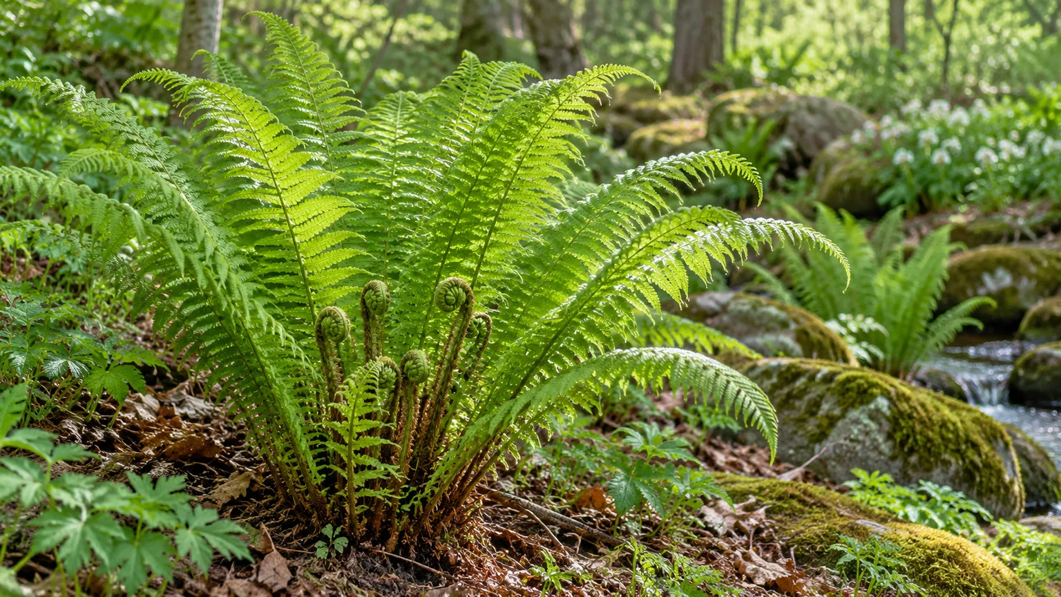 Healthy ostrich fern fronds and coiled fiddleheads in a shaded woodland setting