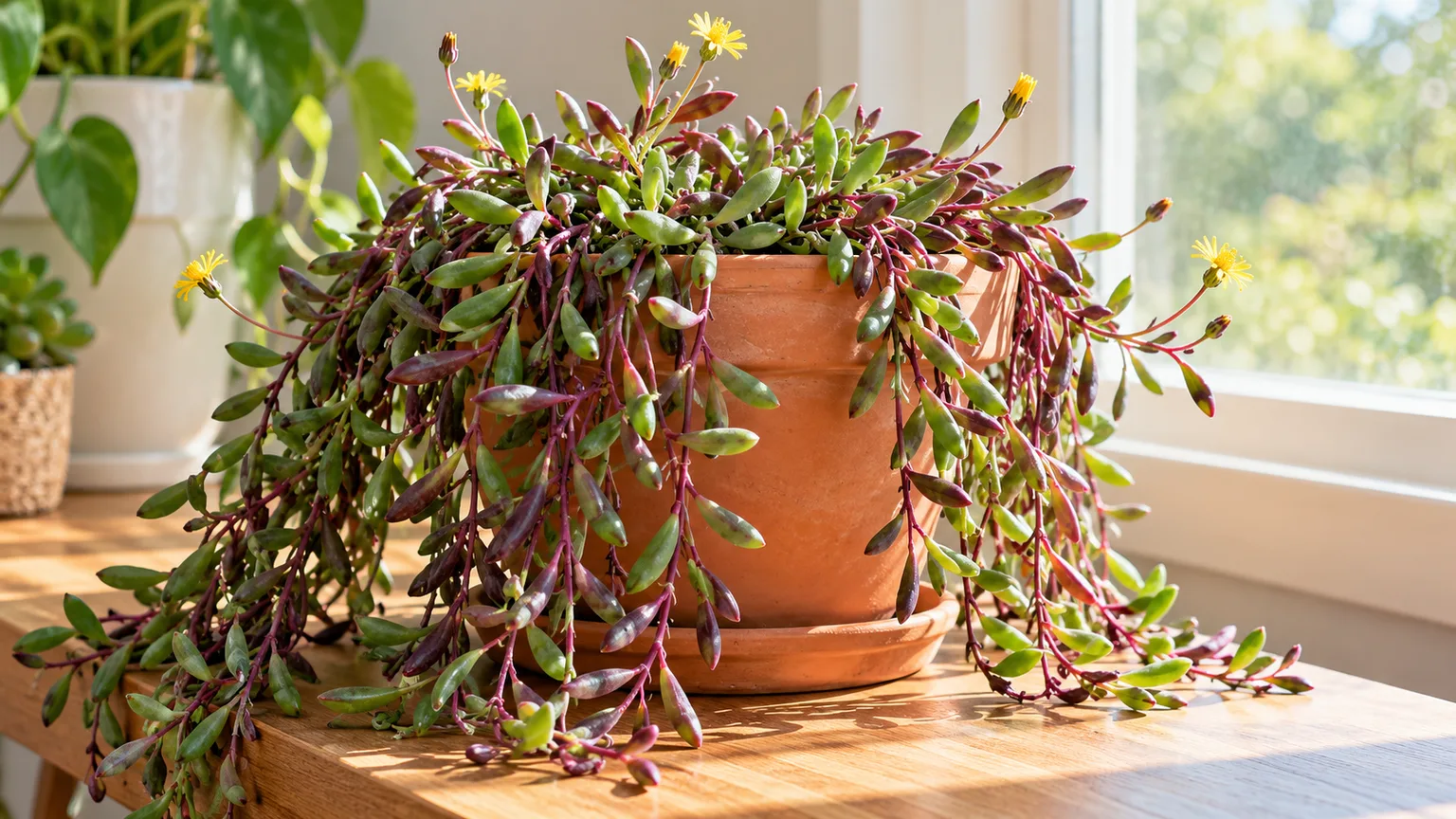 Healthy String of Rubies succulent cascading from a terracotta pot in a bright window