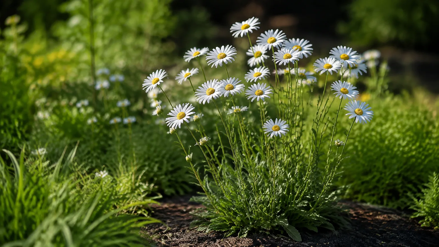 Healthy oxeye daisy with white flowers and yellow centers growing in a sunny garden bed