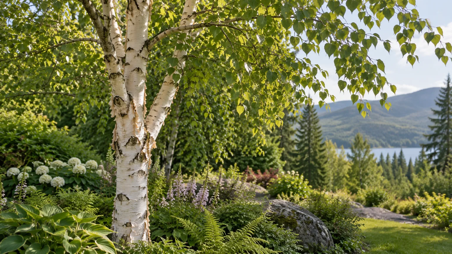 Healthy paper birch with a pale peeling trunk and a leafy canopy in a cool-climate garden