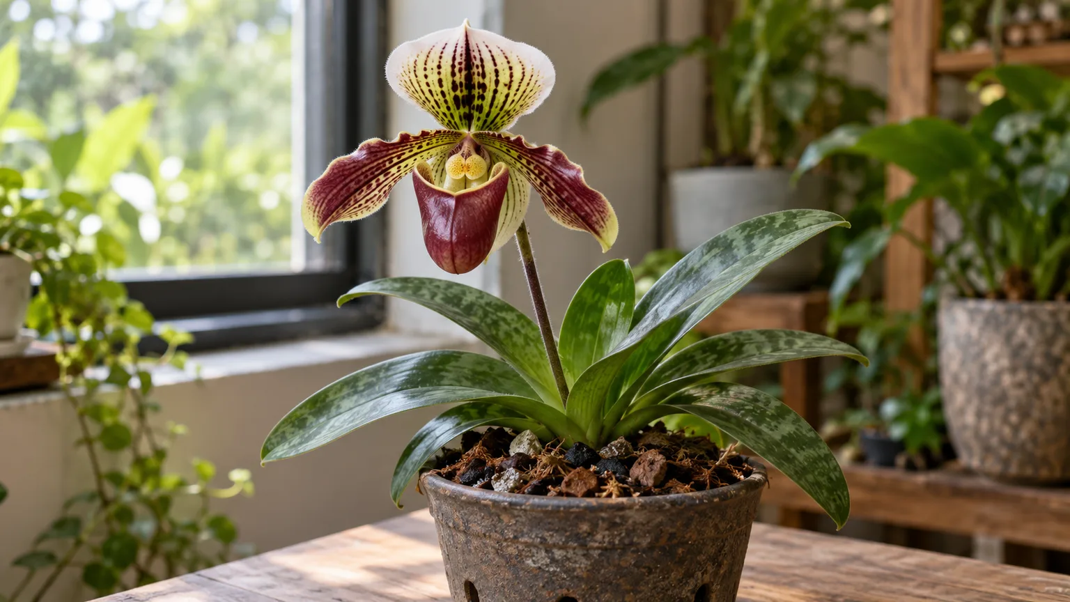 Healthy Paphiopedilum orchid with a slipper-shaped flower and mottled leaves