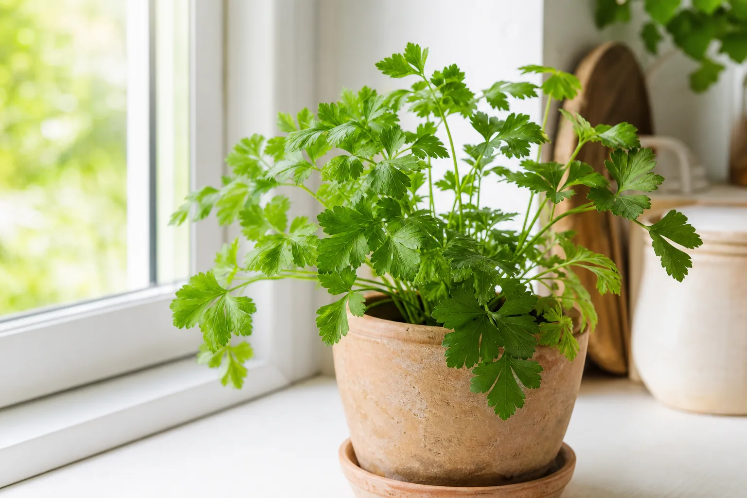 Flat-leaf parsley in a pot on a bright kitchen windowsill