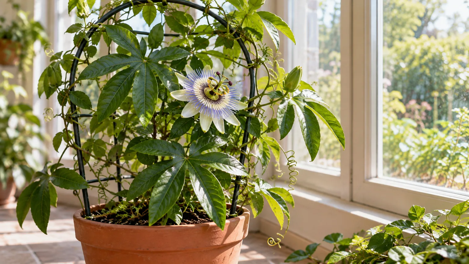 Blue passionflower with lobed leaves and a blue-white flower climbing a hoop trellis beside a bright window