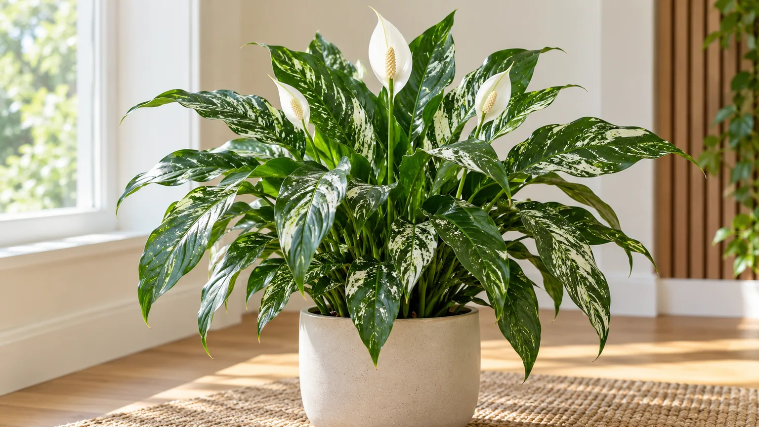 Variegated peace lily Domino with white-marked green leaves and white spathes