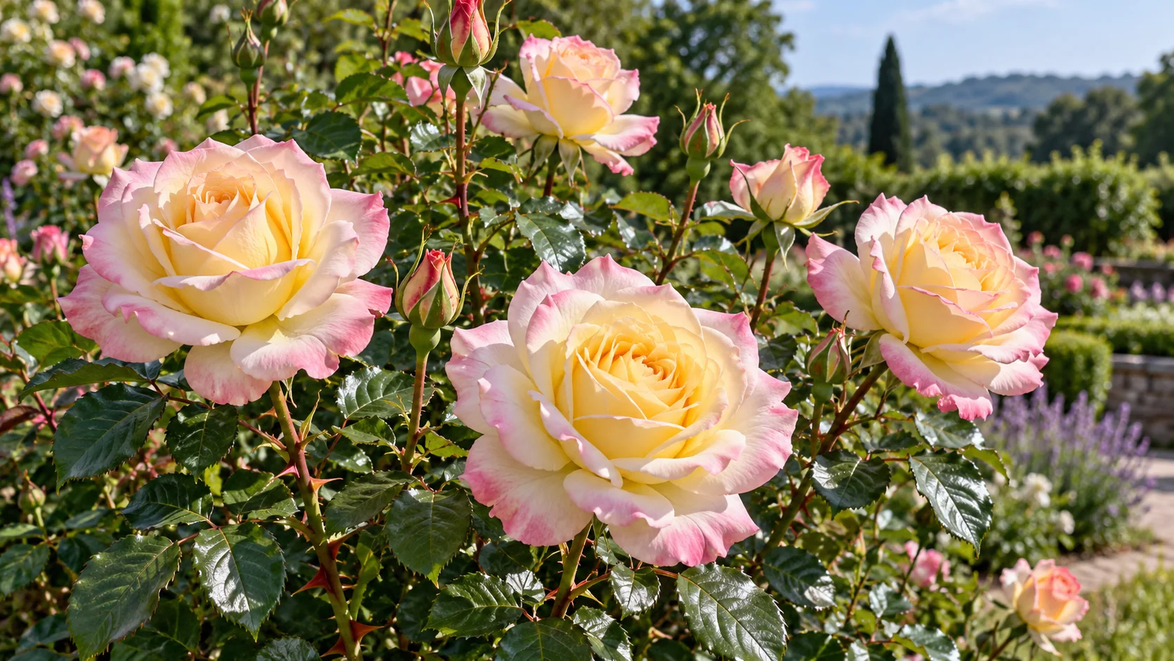 Peace rose with pale yellow blooms edged pink flowering in an outdoor garden