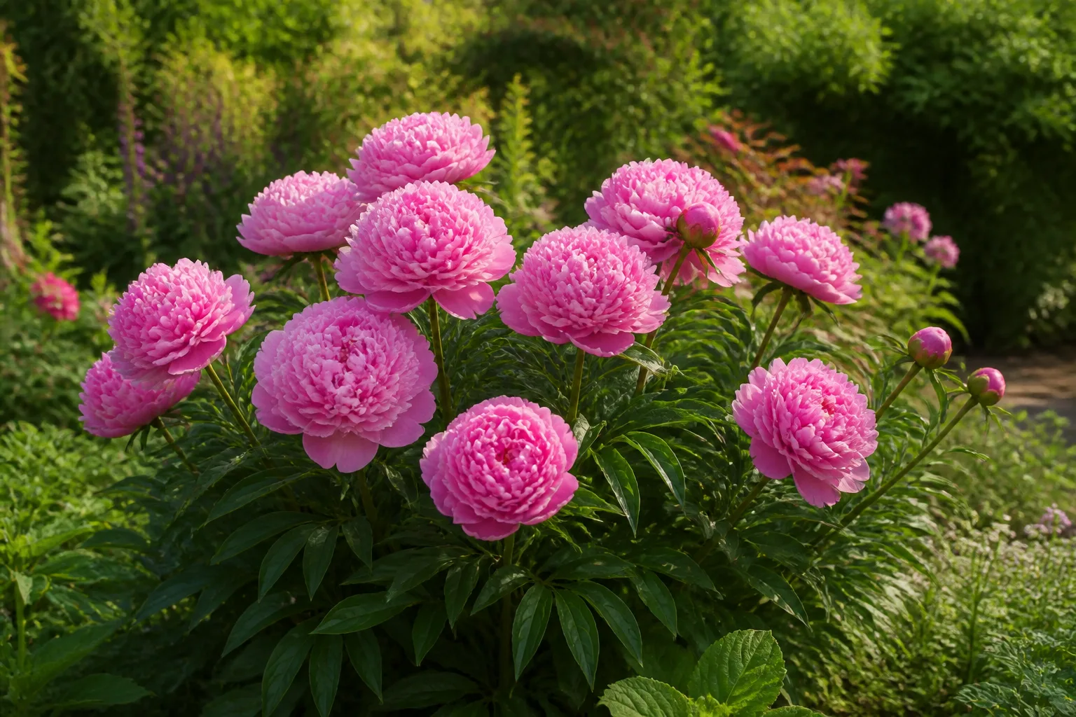 Herbaceous peony in full spring bloom with large soft pink double flowers