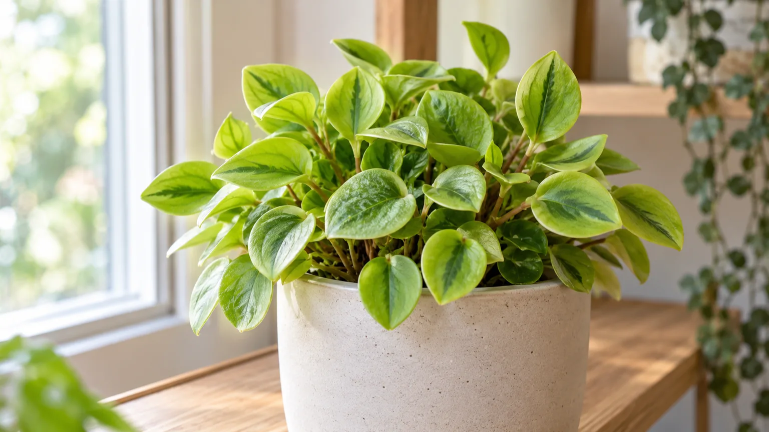 Healthy Peperomia orba Pixie Lime with bright green leaves in a ceramic pot