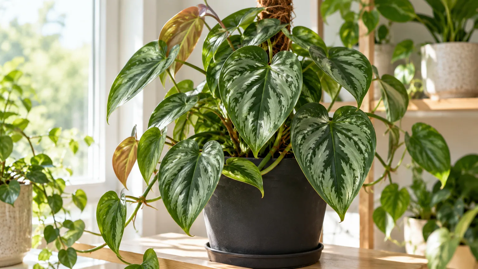 Healthy Philodendron brandtianum with silver-mottled leaves in a bright indoor corner