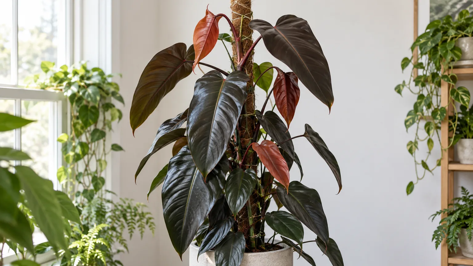 Healthy climbing Philodendron Dark Lord with nearly black leaves and copper-red new growth on a moss pole