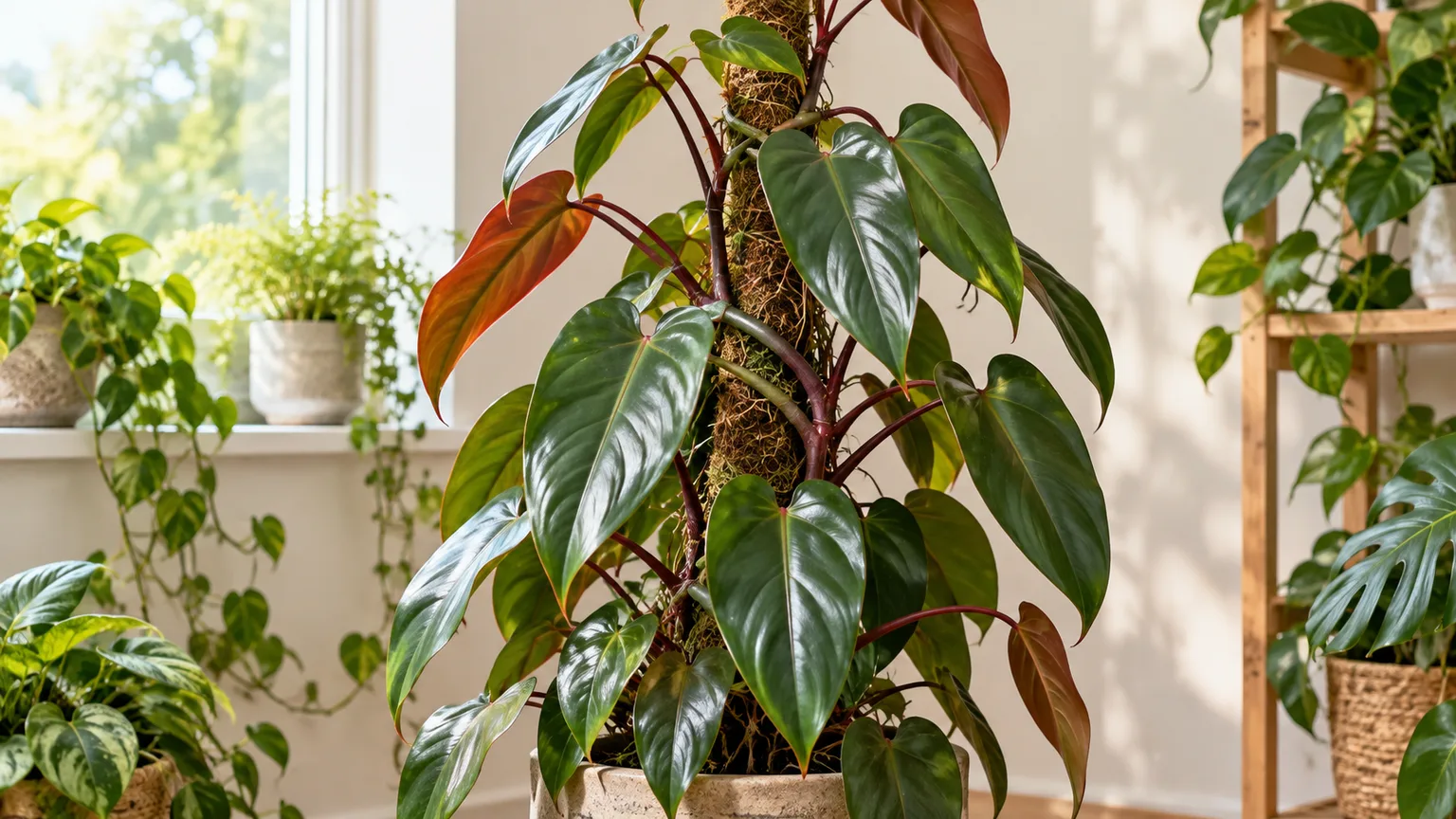 Philodendron erubescens climbing a moss pole with glossy green leaves and reddish stems