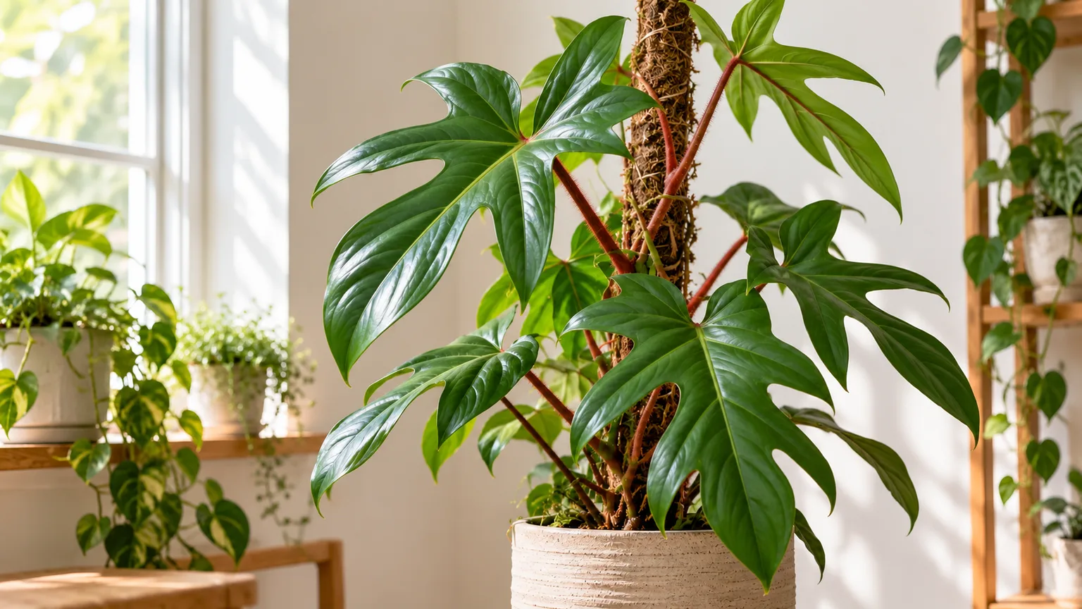 Healthy Philodendron Florida Green with lobed green leaves climbing a moss pole