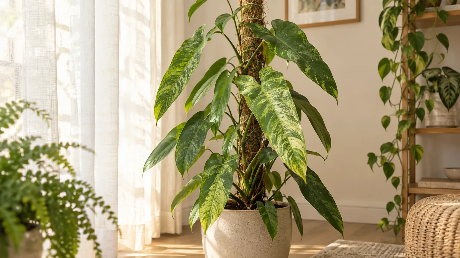 Healthy Philodendron Paraiso Verde with green and lime mottled leaves climbing a moss pole near filtered indoor light