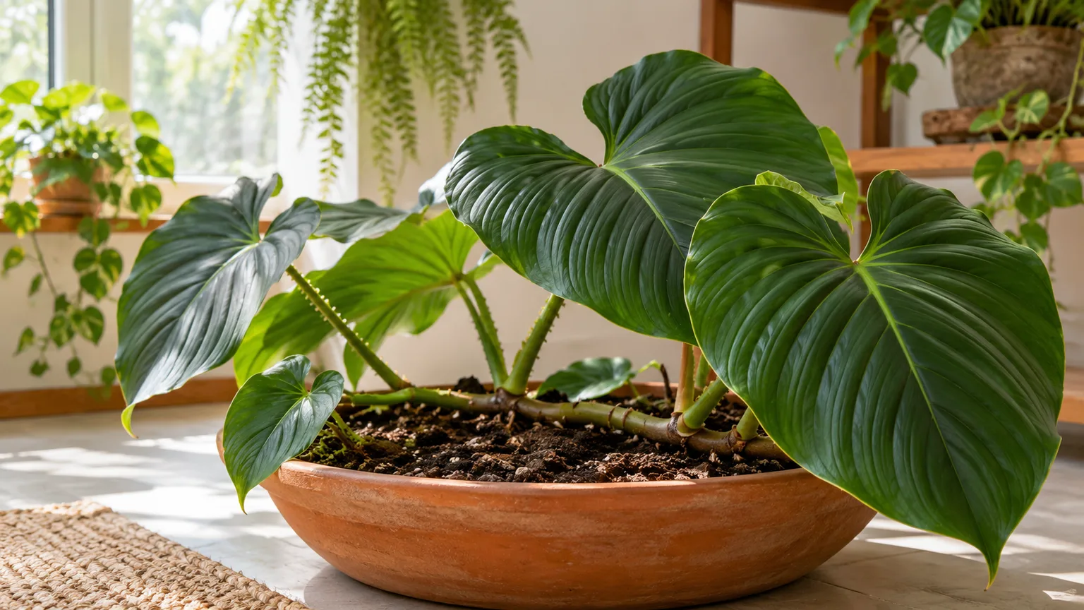 Healthy Philodendron plowmanii spreading across a wide shallow planter