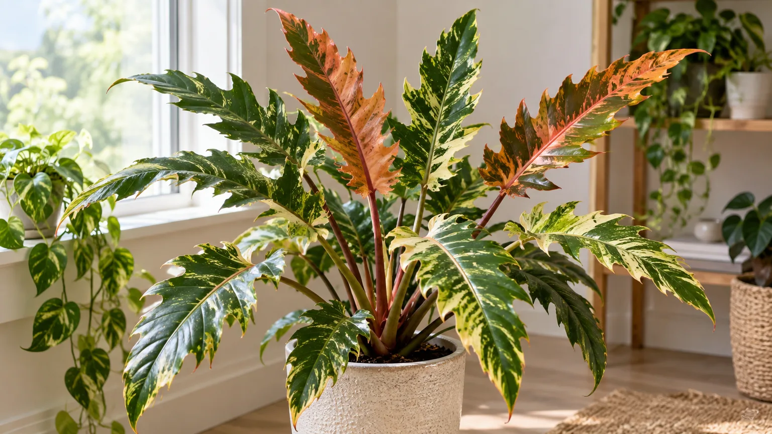 Healthy Philodendron Ring of Fire with serrated variegated leaves in a bright indoor plant corner