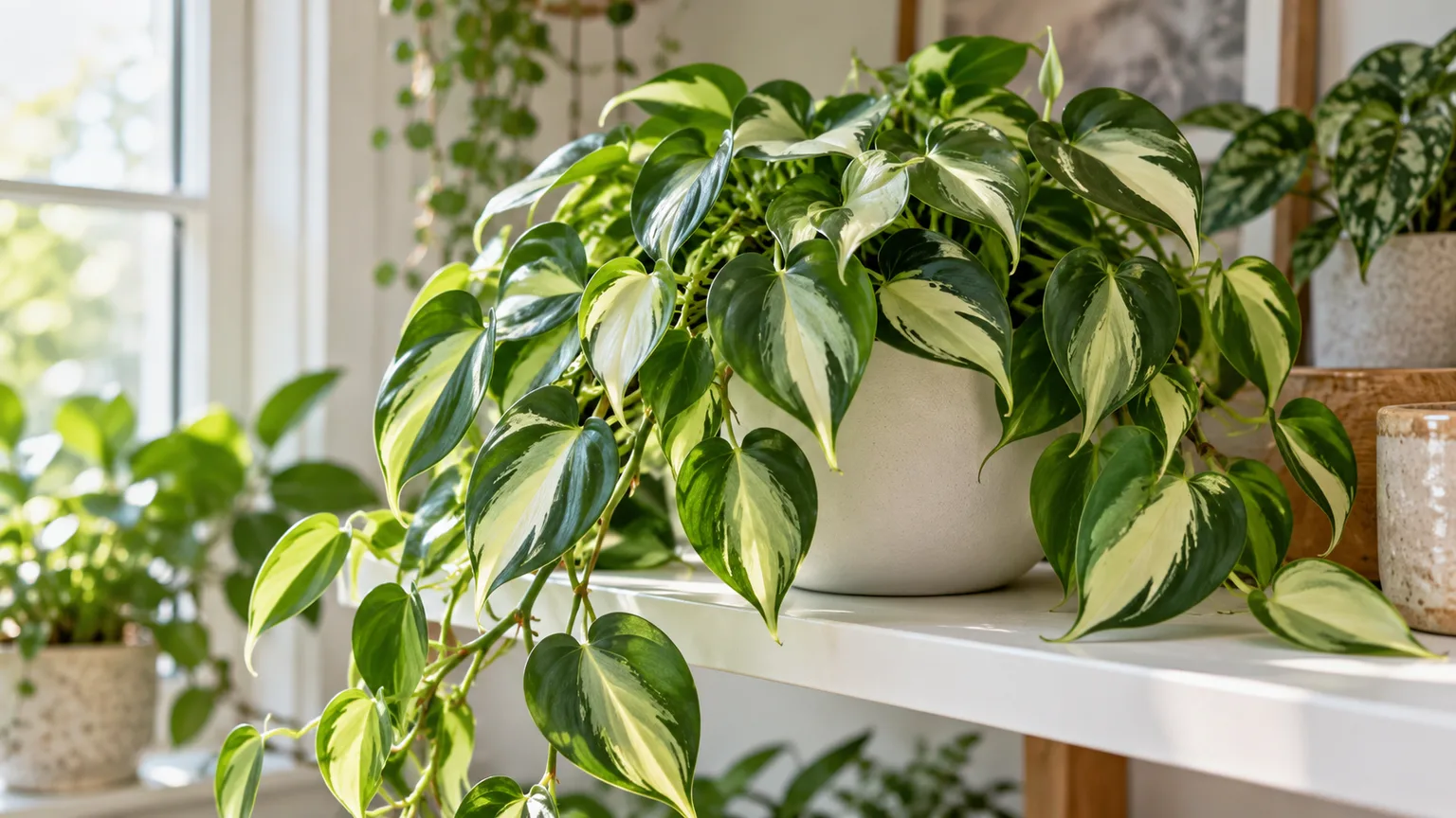 Philodendron Rio with silver-and-cream leaf centers and deep green margins on an indoor plant shelf