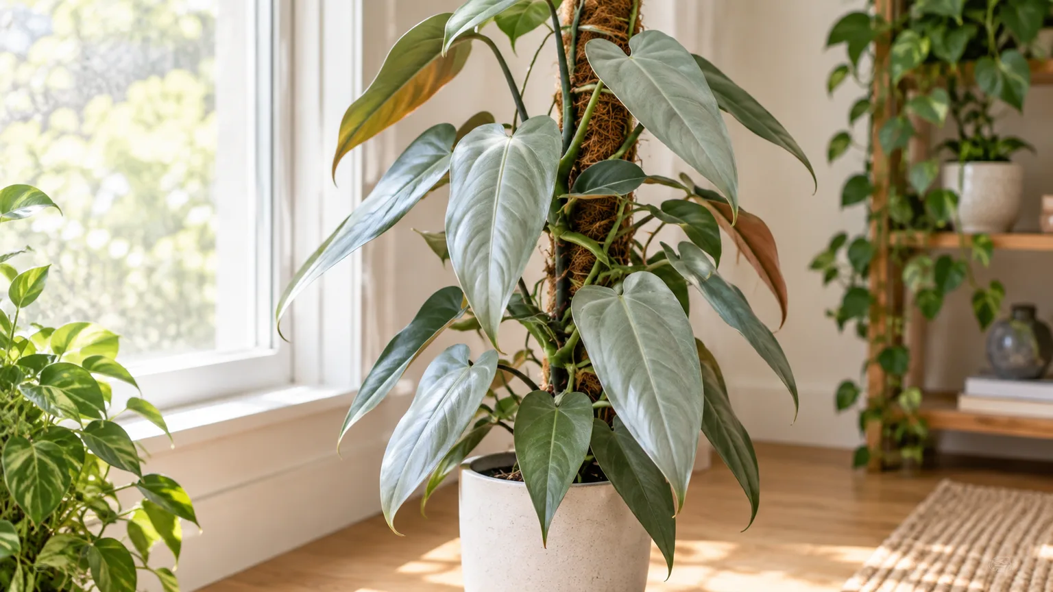 Healthy Philodendron Silver Sword climbing a moss pole in bright filtered light
