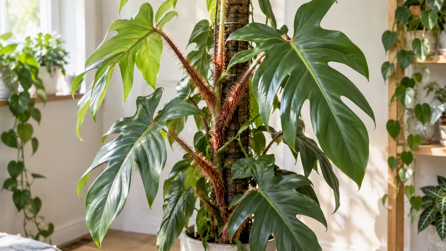 Healthy Philodendron squamiferum with lobed leaves and bristled red petioles climbing indoors