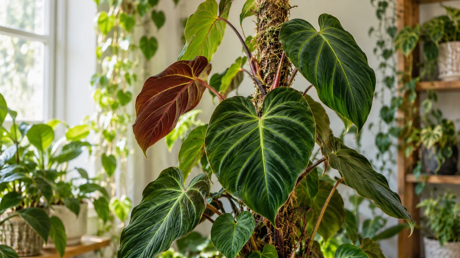 Philodendron verrucosum with velvety veined leaves climbing a moss pole