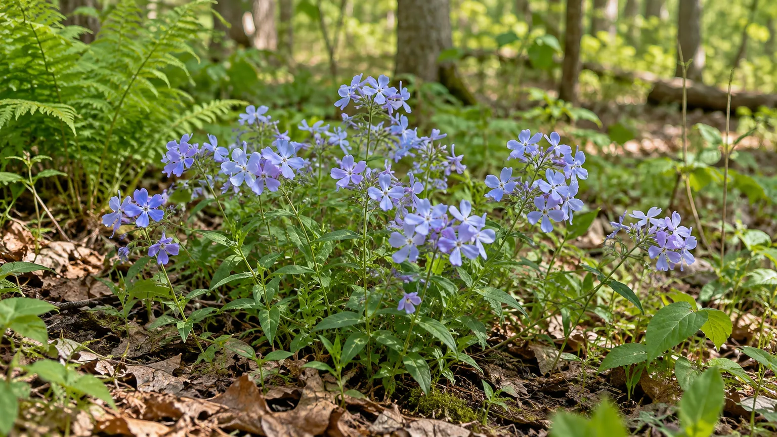 Fragrant blue woodland phlox flowers in dappled shade