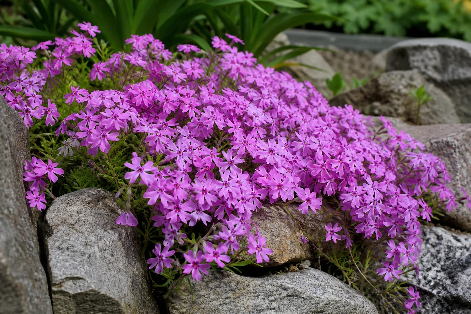 Low creeping phlox mat with pink-purple star-shaped flowers along a rock garden edge