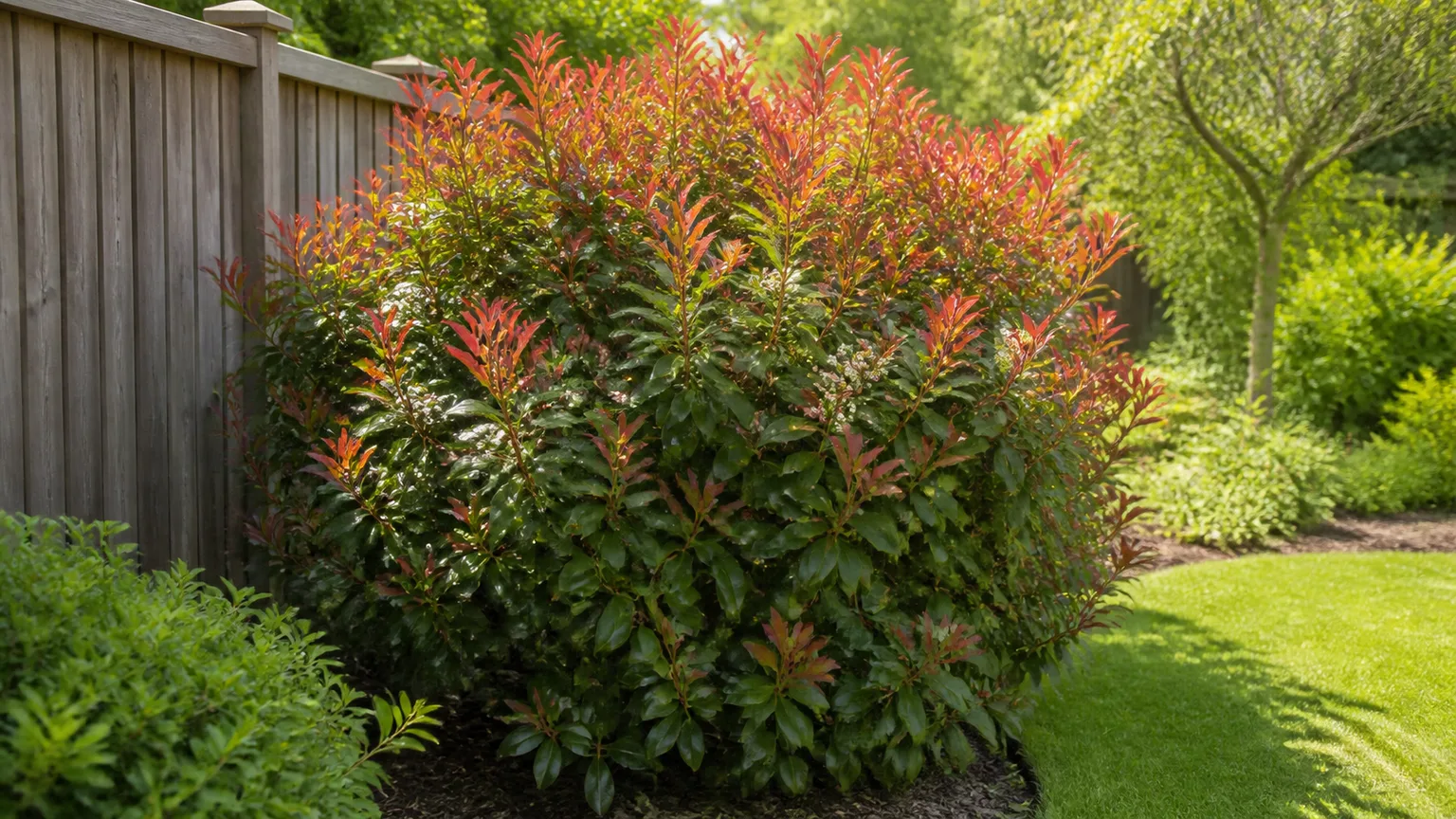 Healthy red tip photinia with copper-red new growth in a sunny garden