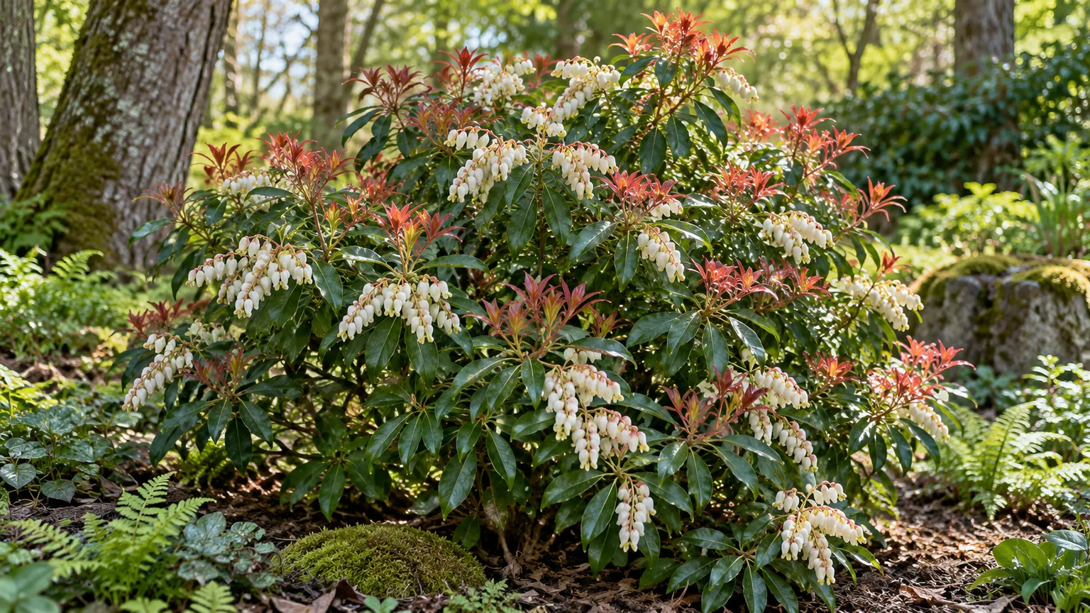 Japanese andromeda with red new leaves and white spring flowers in a shaded garden