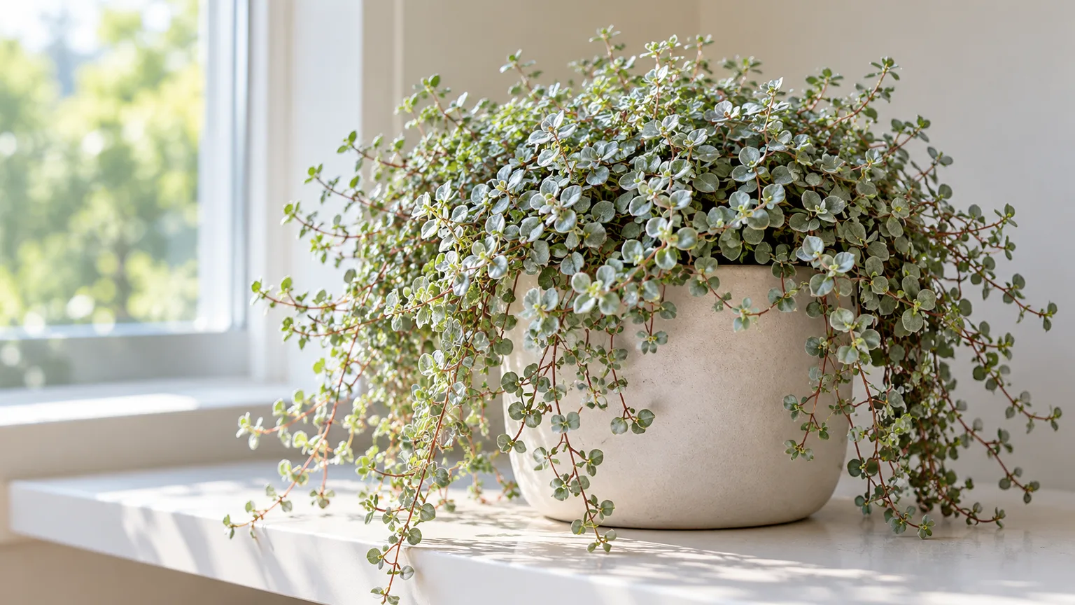 Healthy Silver Sparkle Pilea with blue-gray leaves and reddish trailing stems in a bright indoor spot